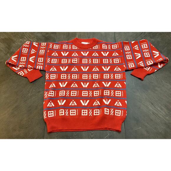 Vintage 80s 90s Repage Sweater Red Geometric Symbols Size Medium M Romania - Picture 1 of 8